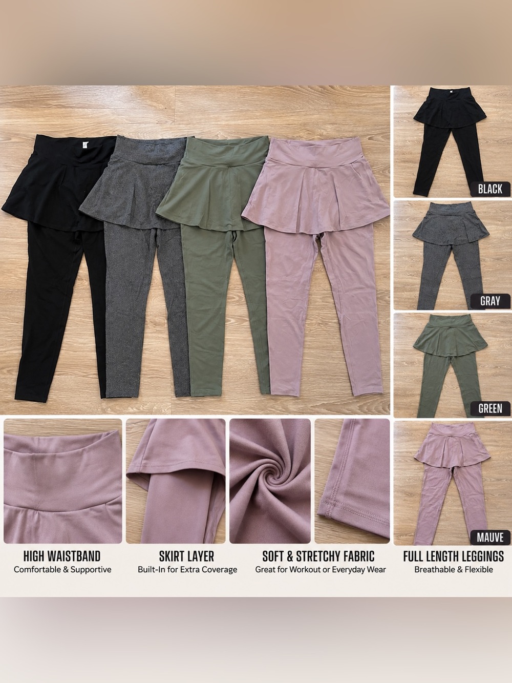 Women’s 4 Pack High-Waist Skirted Leggings - Black, Gray, Olive, Dusty Pink